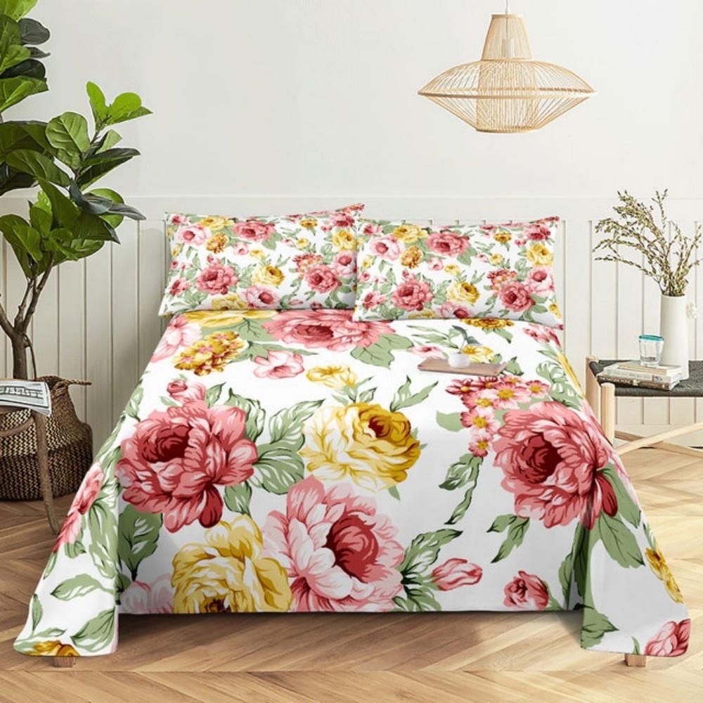 Pink Rose Bed Sheet Sets 3D Print Flowers Flat Soft Cover For Women Kids Girls King Queen Full Twin Size Linen Room Decor