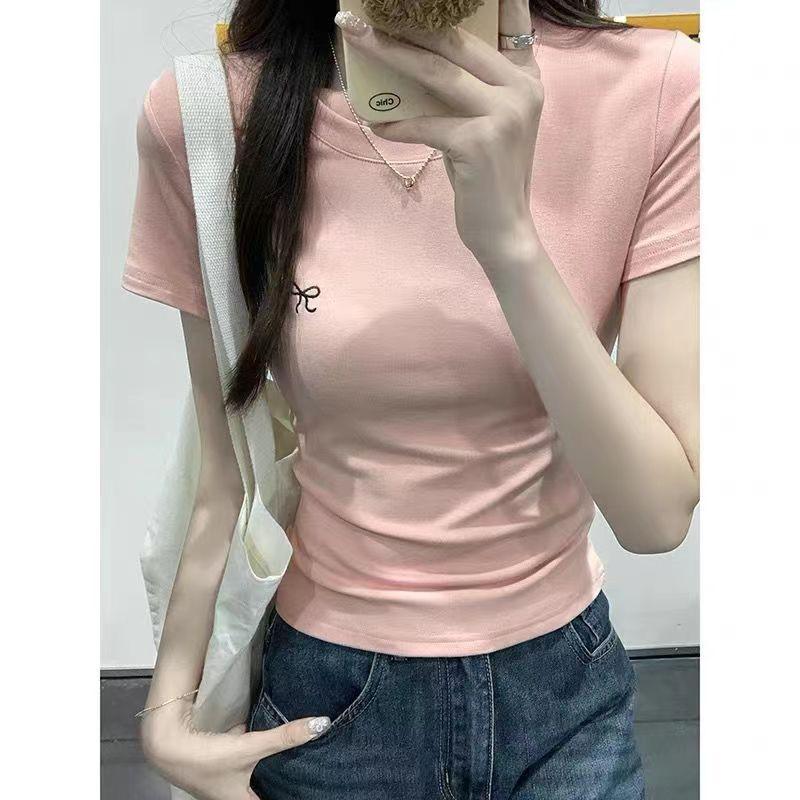 Summer Pure Desire Spice Girl Skinny Bow Embroidered Half Sleeve Top Women's Simple Temperament Fashion T-Shirt