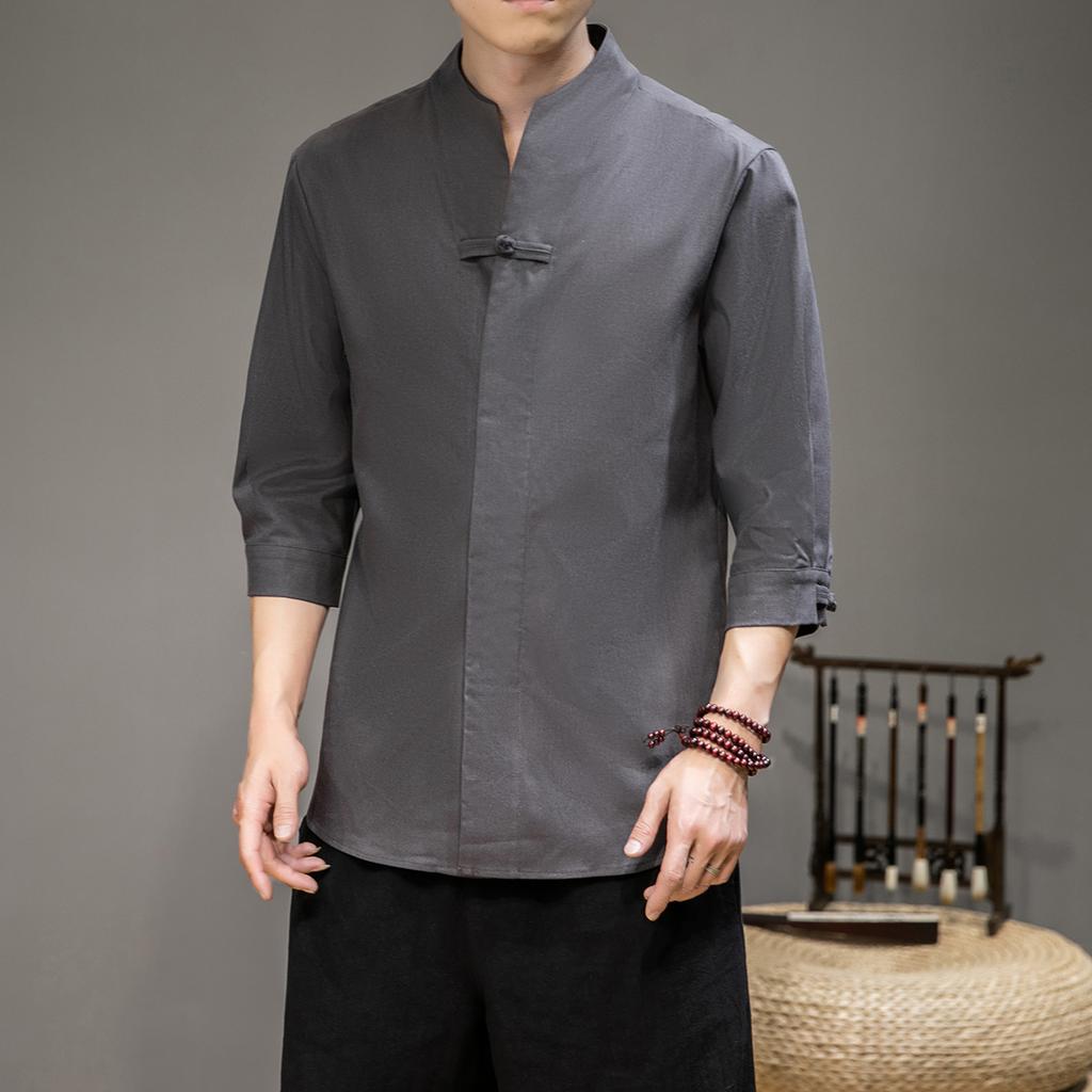 Mens Fashion V-Neck Shirt 2025 Men Harajuku Soild Color Shirts Male Casual Loose Retro Shirt Chinese Style Kimono Shirt