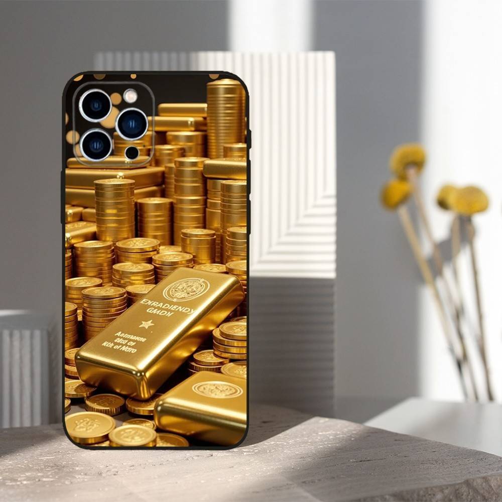 Cool Art Gold Precious Phone Case For iPhone 15,14,13,17,16,12,11,Plus,Pro Max,XS,X,Mini,8,7,XR,SE,Soft Silicone Black
