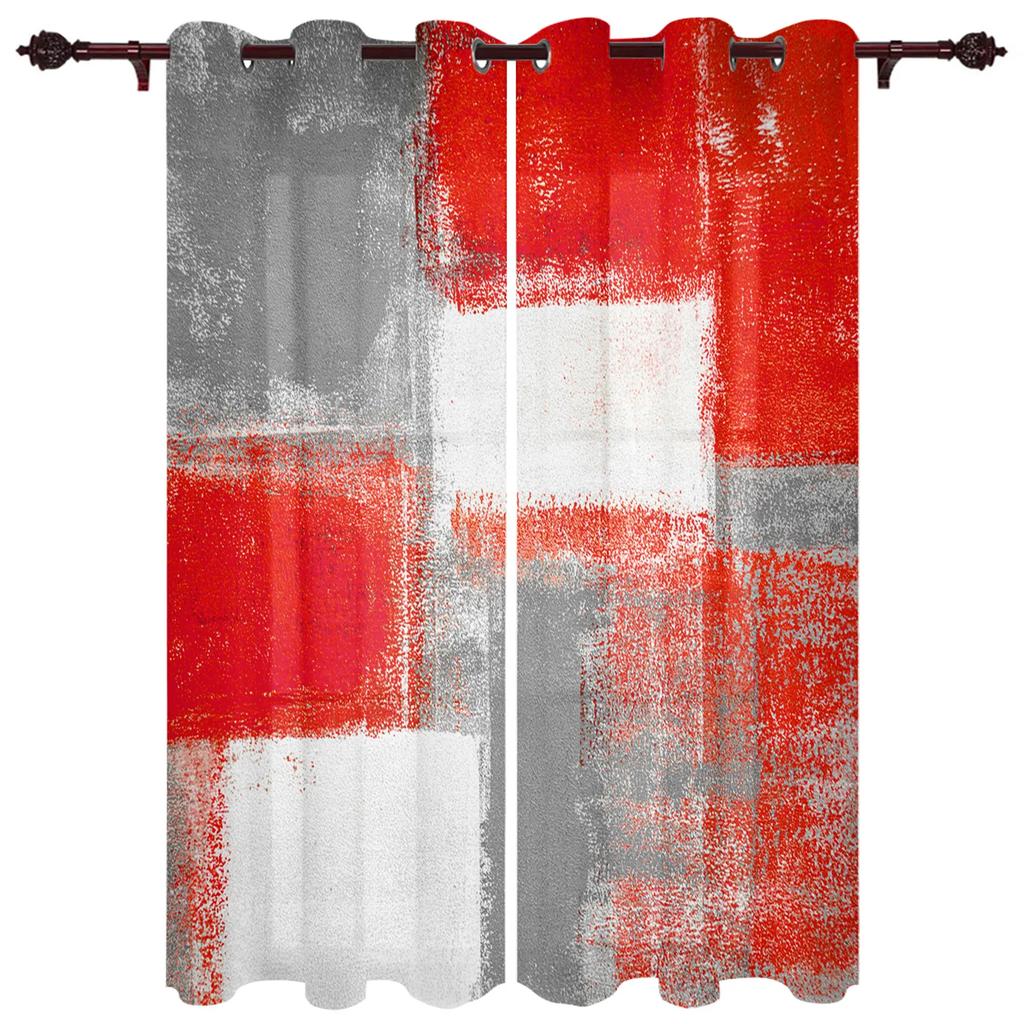 Red Grey White Oil Painting Abstract Geometric Curtains Bedroom Living Room Drapes Kitchen Window Curtain Home Decor Polyester Washable Sitting Ready