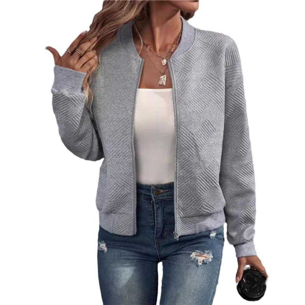 2025 Spring/Autumn Women's Plaid Zipper Jacket with Round Neck and Long Sleeves - Fashionable European and American Style.
