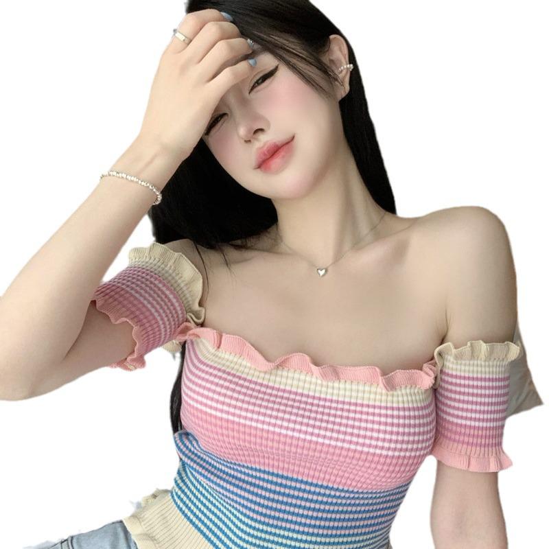 Women's Off-the-Shoulder Striped Knit Tee: 2024 Slim-Fit Summer Design
