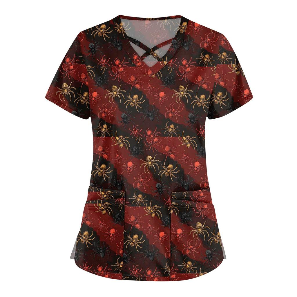 Women's Fashion  V-Neck Short Sleeve Overalls Double Pocket Halloween Printed Tops  Apparel