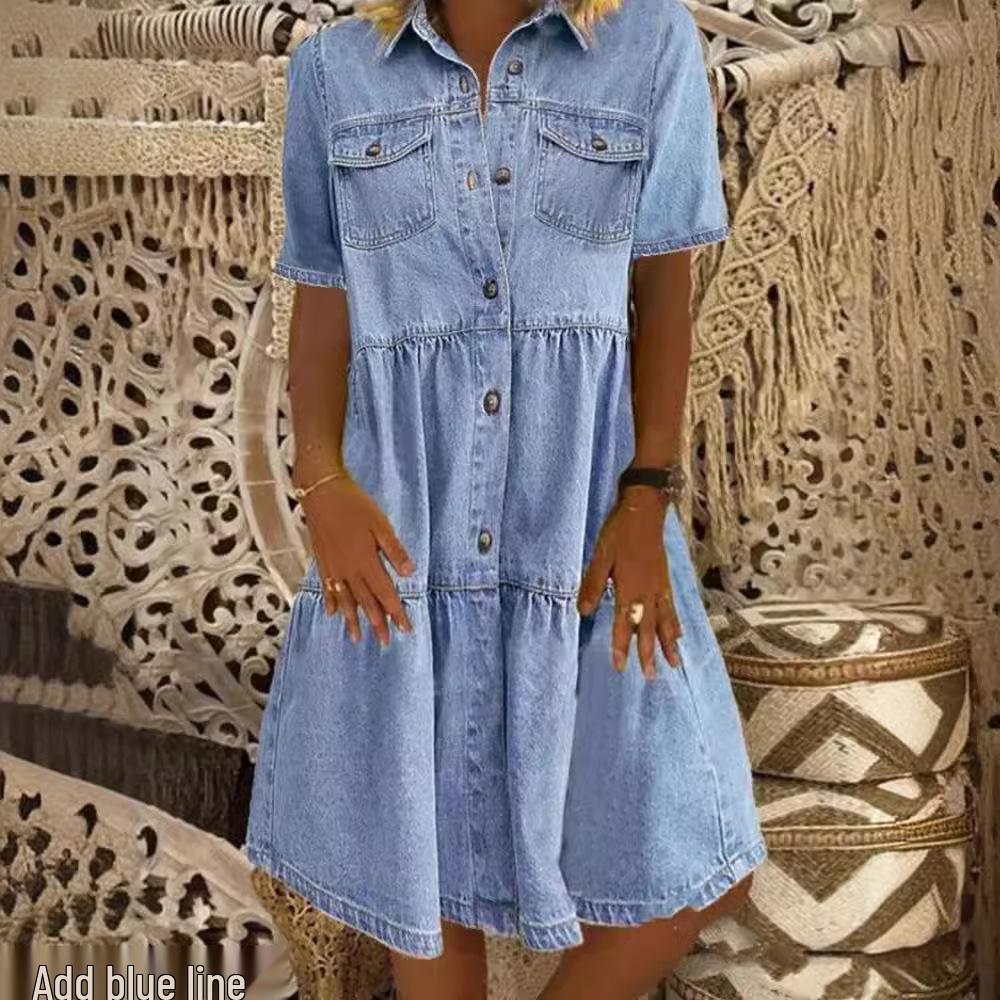 2024 Multi-Button Midi Denim Dress with Pockets - Short Sleeve