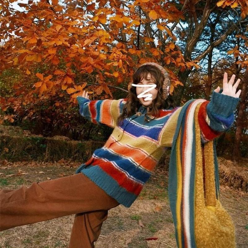 Women Colorful Striped Round Neck Sweater Japanese Retro Fashion Round Neck Cardigan Autumn Loose Lady Single Breasted Top