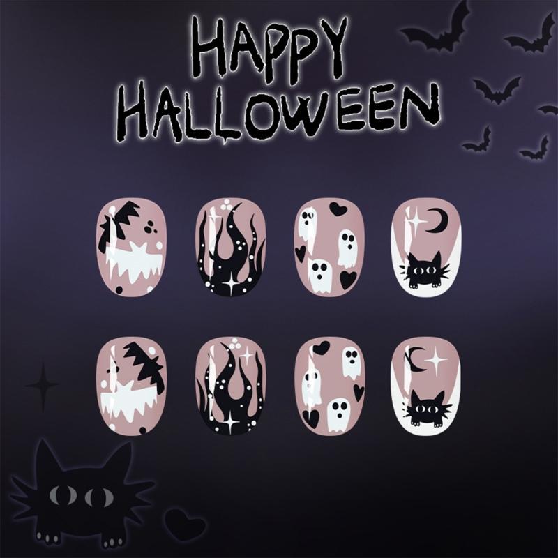24Pcs Halloween Press On Nail,Almond Fake Nail Bat Acrylic Nail Glossy False Nail Stick On Nail Full Cover Fake Nail