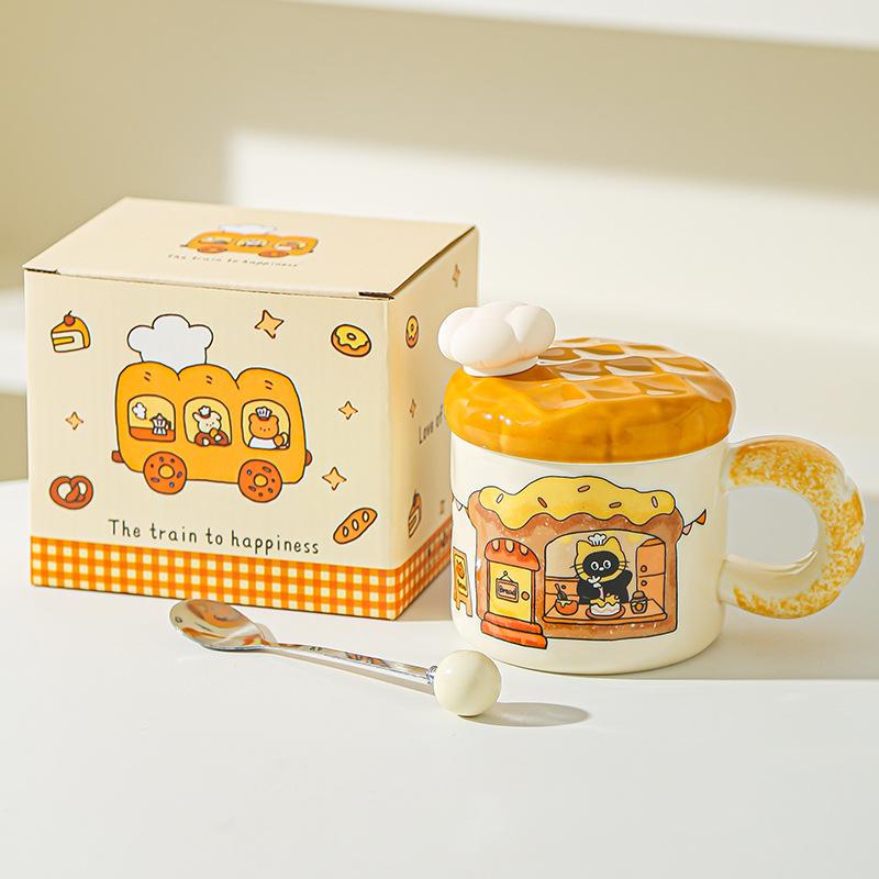 Korean Creative Bread Mug Cartoon Cat Ceramic Cup with Lid Household Water Cup Birthday Gift Souvenir