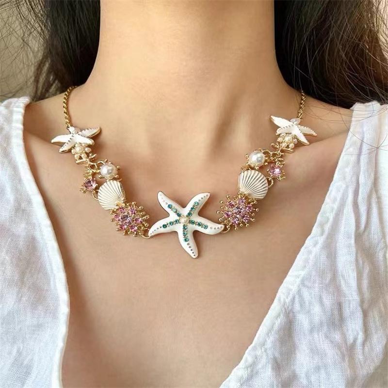 Summer Beach Colorful Vibe Starfish Shell Necklace for Women Imitation Pearl Choker Clavicle Chain Holiday Party Jewelry Gift