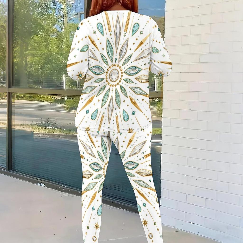 Women Plus Size Round Neck Long Sleeve Floral Printed Top And Fitted Pants Two Piece Set
