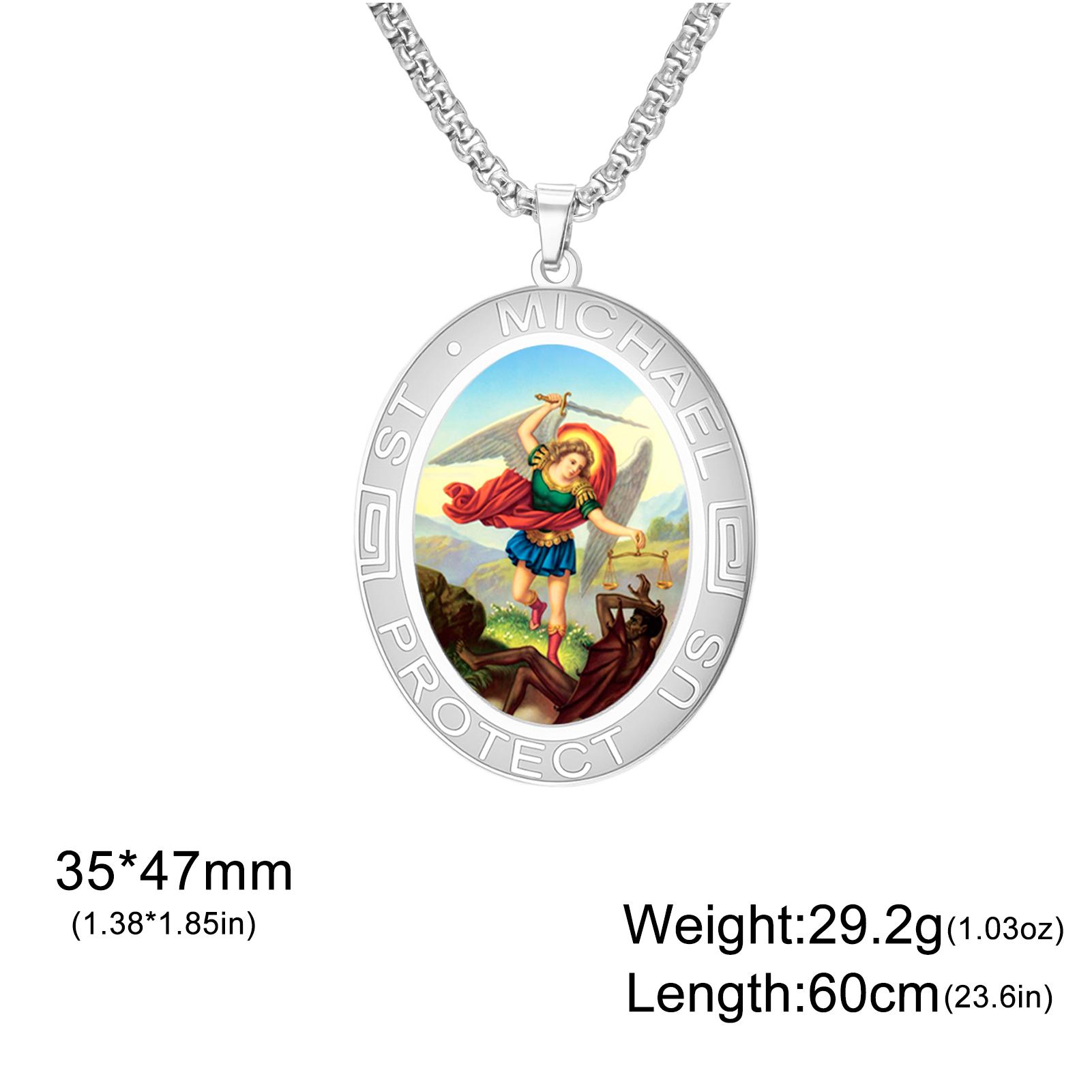 Saint Michael Medal Necklace Archangel Oval Pendant Amulet Necklace for Men Women Catholic Christian St. Michael Jewelry Gift 60cm