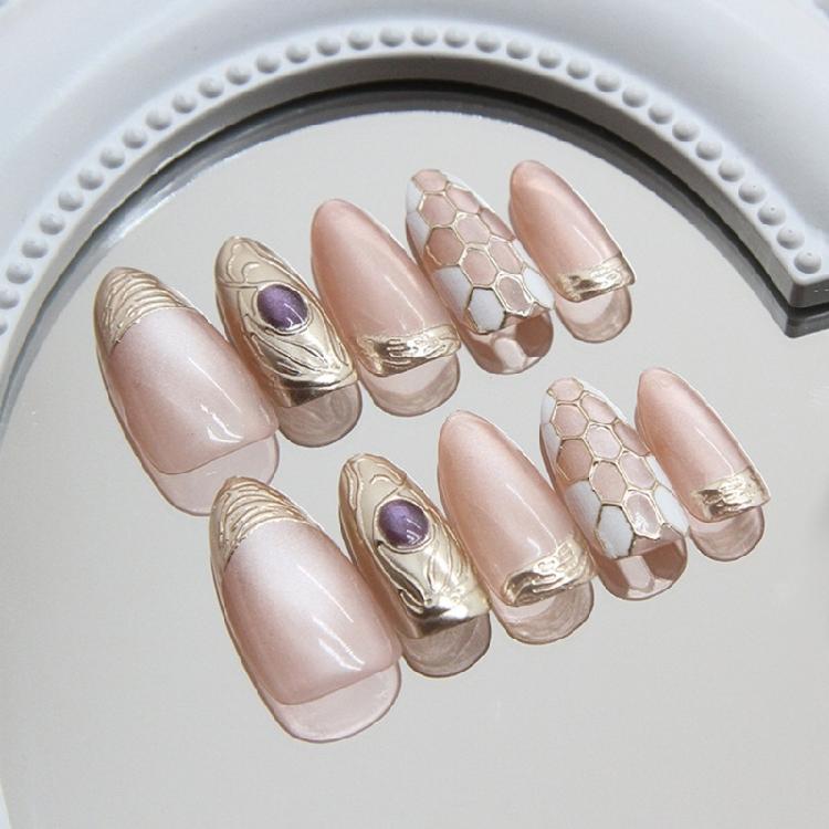 30Pcs Cats Eye Press on Nail Almond Glues on Nail French Fake Nail Designs False Nail Artificial Nail for Women Girls
