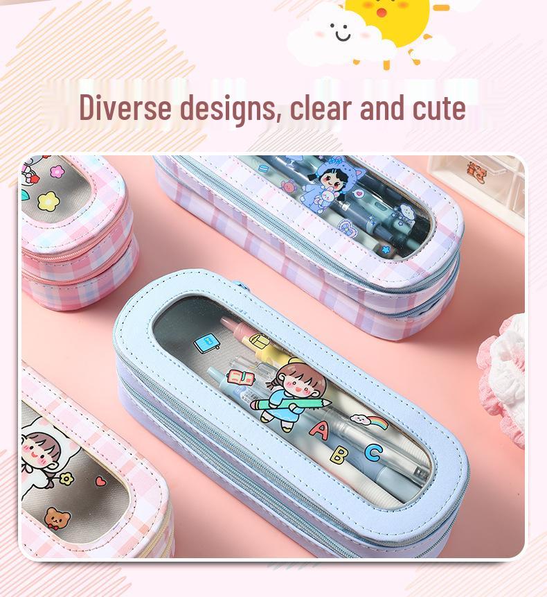 Large Capacity Transparent Cartoon Pencil Case for Girls with Double-Layer Design, Ideal for Elementary School Students