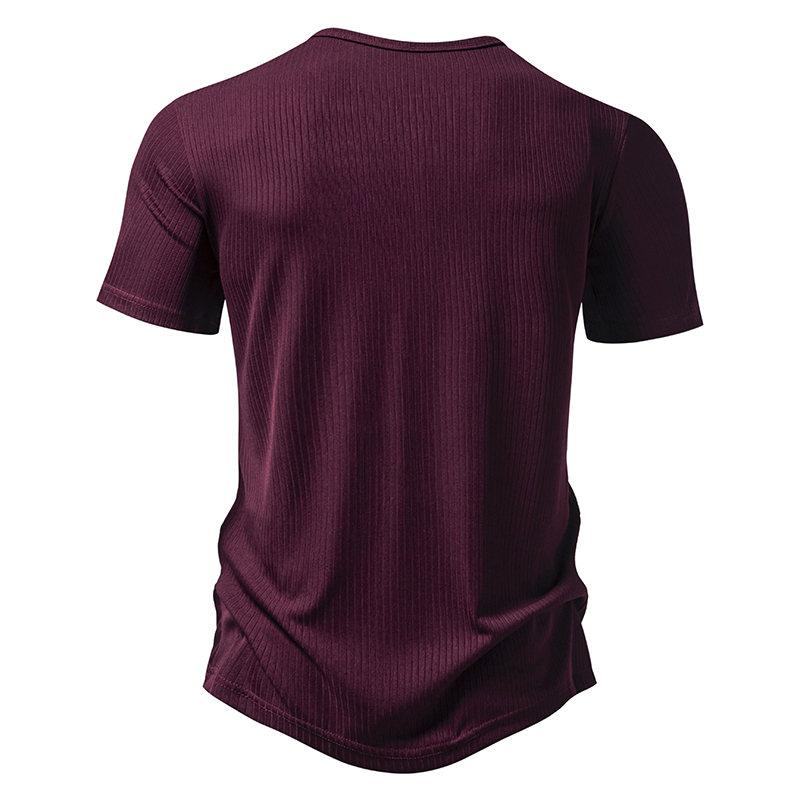 Nové letní pánské tričko Henry Collar s krátkým rukávem Jednobarevný pruh Ležérní Knoflíček Topy Trička Muž
