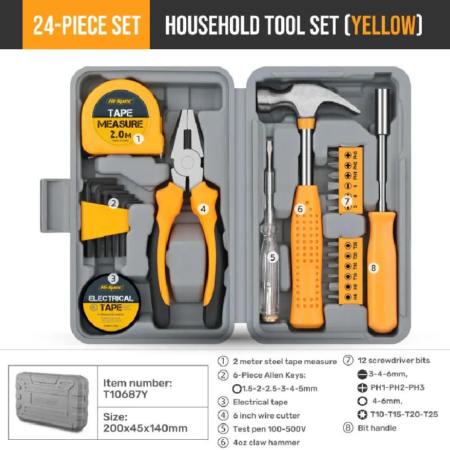 24-teiliges kompaktes gelbes DIY-Handwerkzeug-Set für Zuhause & Büro, für Heimwerker-Reparaturen, Drahtschneider
