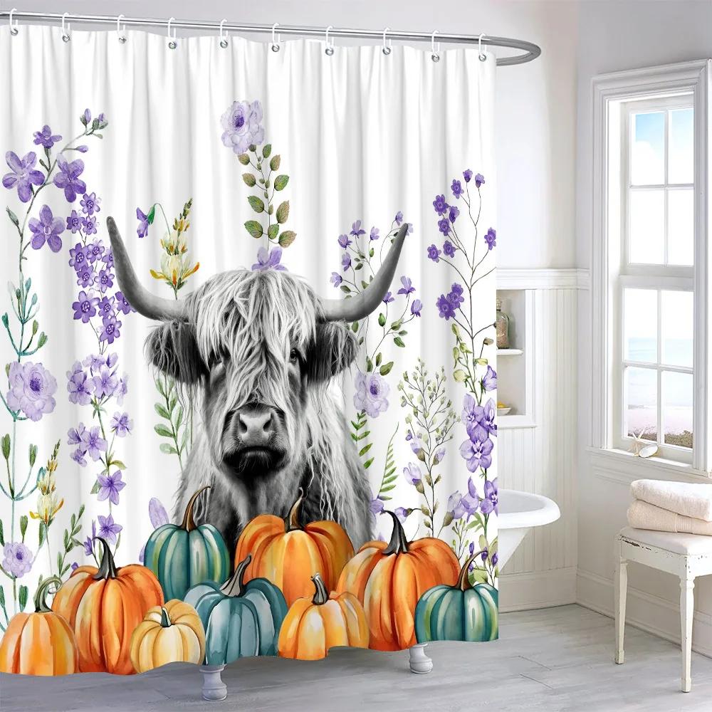 Highland Cow Leaf Pumpkin Shower Curtain Autumn Thanksgiving Gift Watercolour Print Polyester Fabric Bath Curtain Bathroom Decor