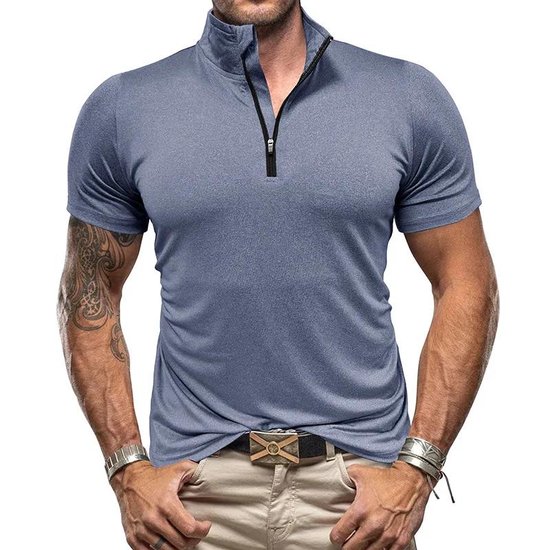 Men's New Outdoor Sports Short Sleeve Zipper Shirt American Standing Collar High Spring Quick Dry Short Sleeve T-shirt