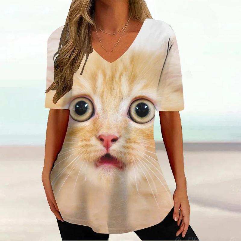 Kawaii Cat T Shirt for Women Painting Print Short Sleeve Tops Summer V-Neck Pullover Female Loose Clothing Tees Shirt