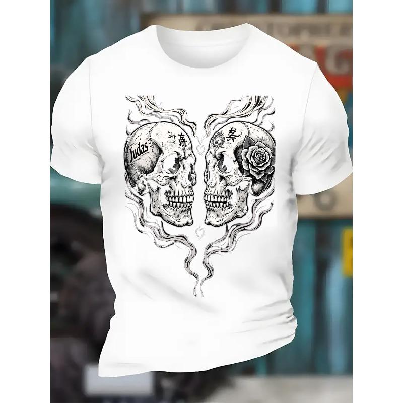 European Sizes Mens T-Shirt - Crew Neck Tee with Intricate Gothic Skull & Heart Graphic Print, Soft & Breathable Black & White Shirt for Men