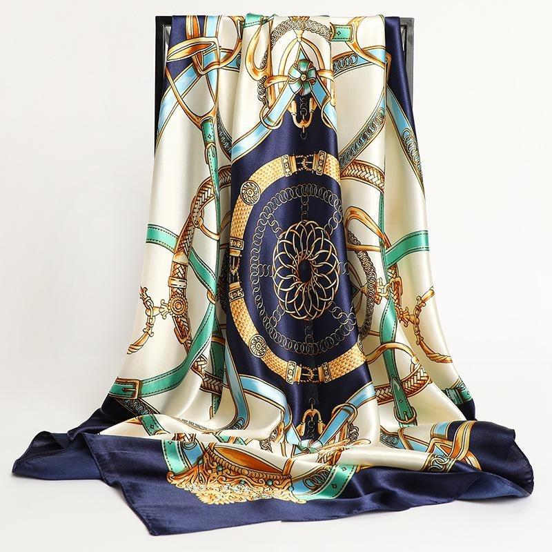 1Pc Women Silk Scarf Square  Design Brand Headband Female Satin Hijab Shawl Wrap Kerchief Chain Print