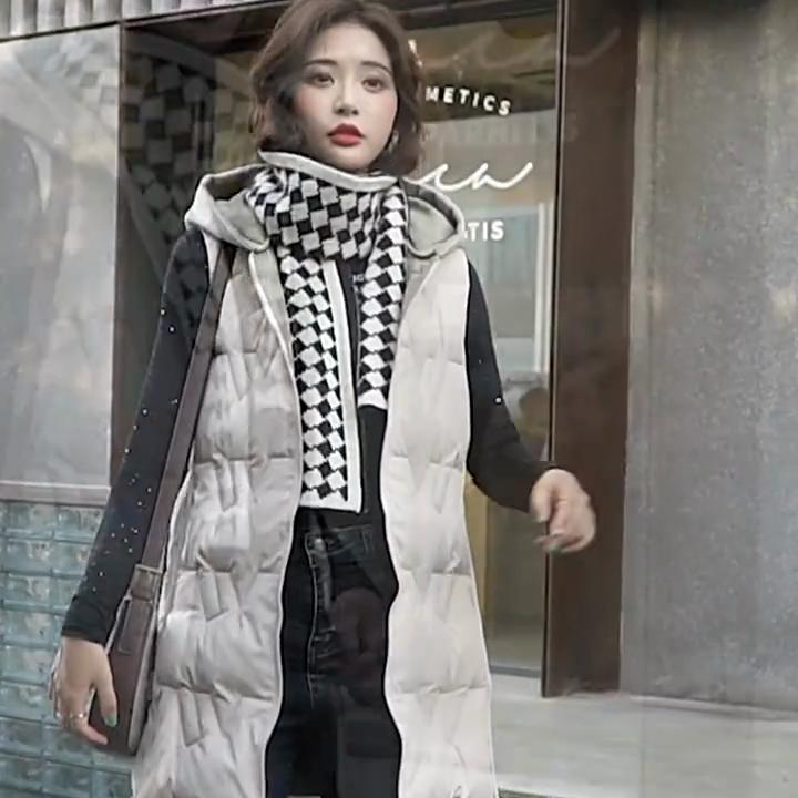 Autumn and Winter Women's Solid Color Loose Vest Hooded Long Reversible Vest Jacket Cotton Padded Women's Windproof Warm Vest