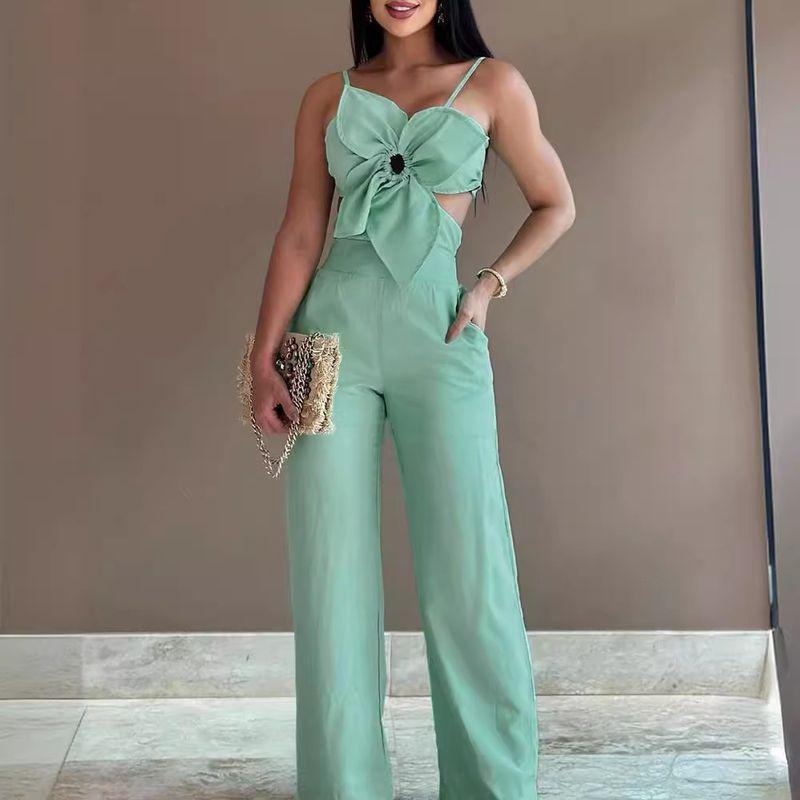 

Sling Jumpsuit Women Trousers Pants Three-Dimensional Flower Design Sling One-Piece Pants Light green XL