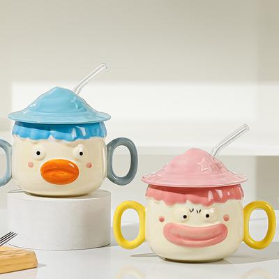 Funny Cartoon Clown Ceramic Cup with Lid and Straw Cup Large Capacity High Value Water Cup Couple Souvenir