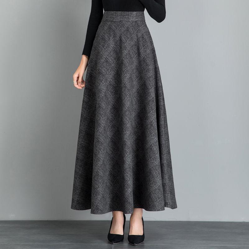 New Woolen Plaid Skirt for Women Mid-length Autumn and Winter Slimming High-waisted A-line Skirt Casual Long Skirt