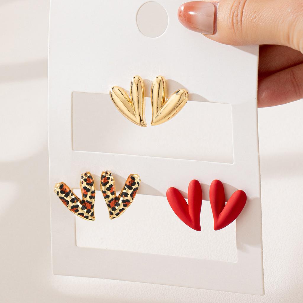 3pcs Fashion Heart Leopard Printed Colorful Earrings Set for Women Vintage Geometric Metal Stud Earring Holiday Party Jewelry