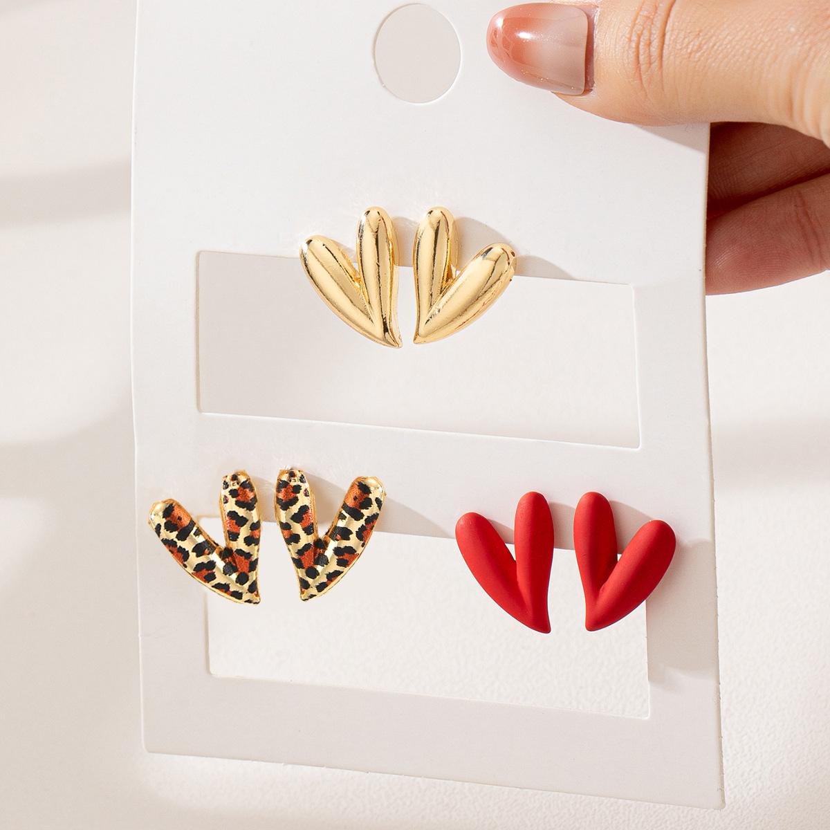 

3pcs Fashion Heart Leopard Printed Colorful Earrings Set for Women Vintage Geometric Metal Stud Earring Holiday Party Jewelry