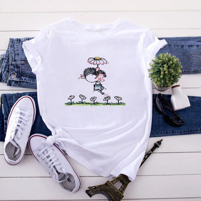 Cute Hedgehog Red Heart Balloon Print T Shirt Women Cartoon Animal Love Graphic Short Sleeve Valentine Casual Aesthetic Tee