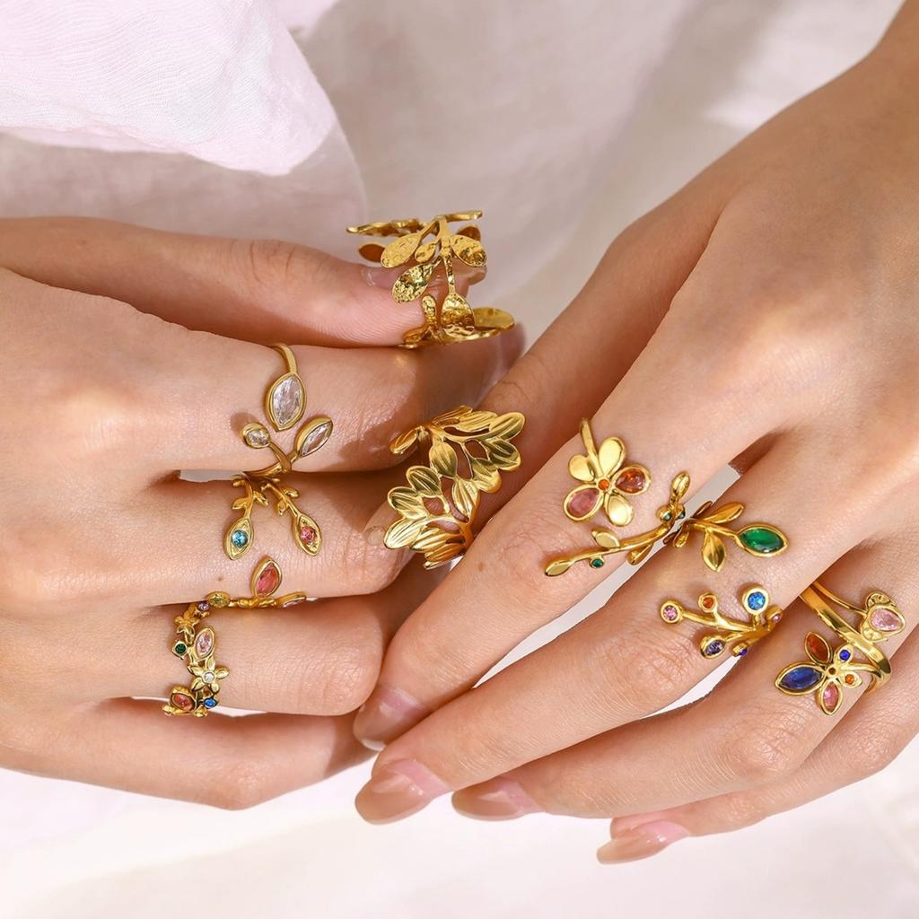 1 Stück Stylischer Ring 18K Vergoldet Mehrfarbig 304 Edelstahl & Zirkonia Offene Ringe Blumenblätter Für Damen Geschenk