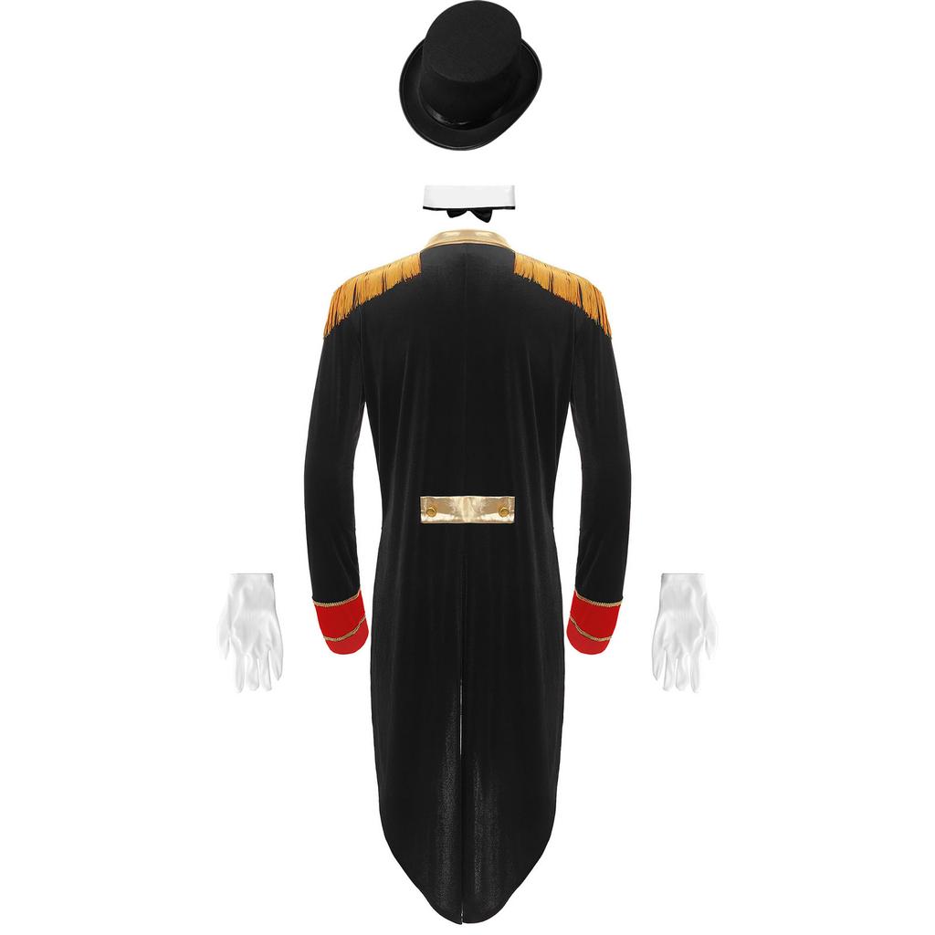Mens Circus Ringmaster Costume Set Long Sleeve Lapel Fringed Shoulder Tailcoat Jacket Hat Collar Gloves Carnival Cosplay