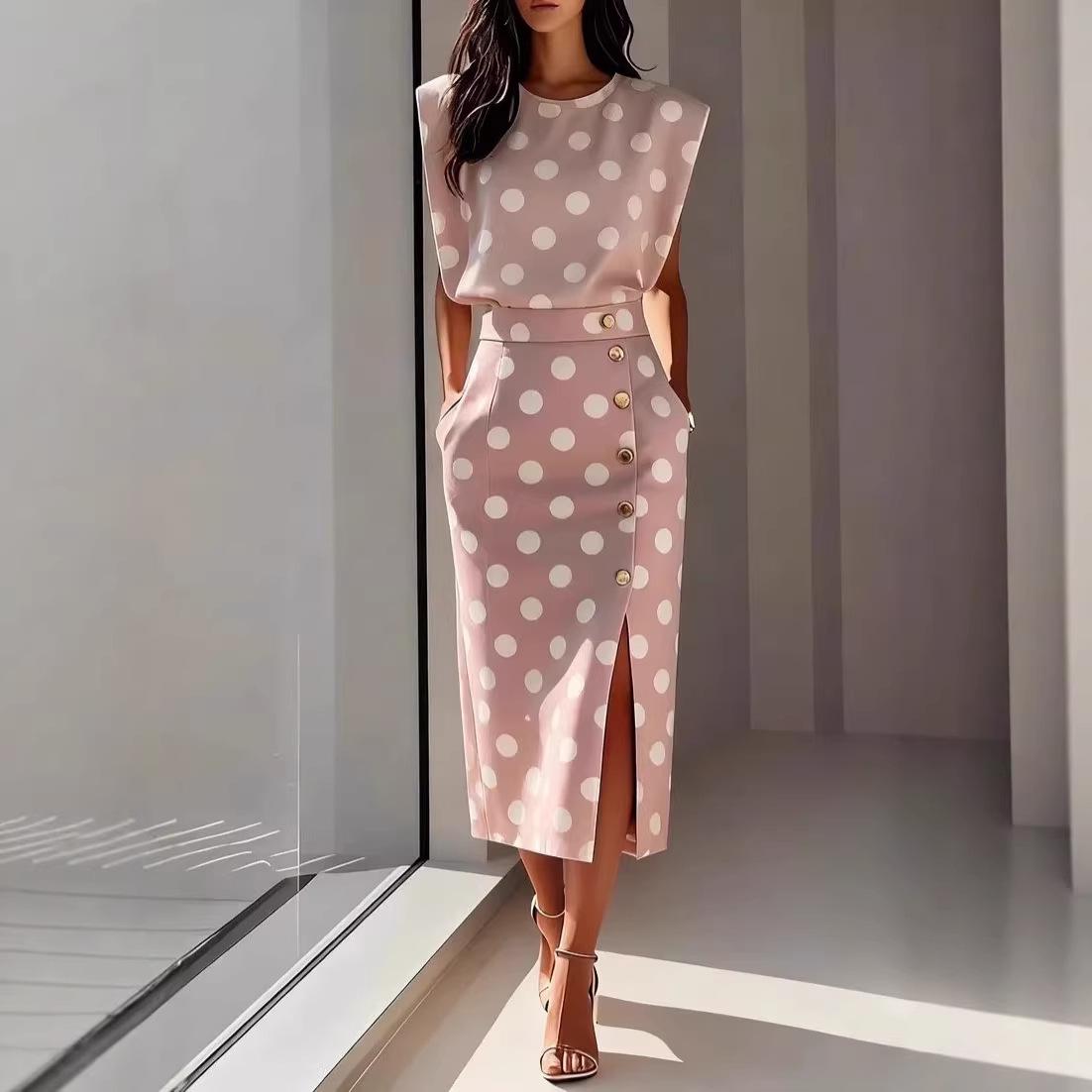 

2026 Women s Fashion: Printed Sleeveless Top & Slit Long Skirt Set XXL