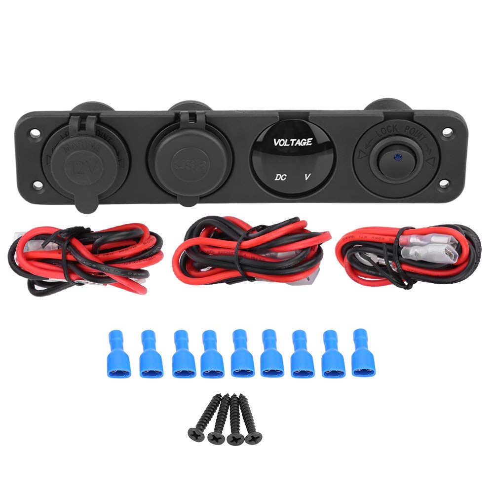 Switch Panel, 12-24V LED Dual USB Charger Voltmeter, Cigarette Lighter Power Outlet, 4 Hole