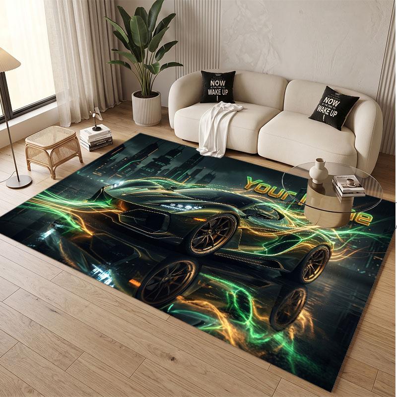 Auto-Rennsport-Thema Weicher Kristall-Samt Teppich Benutzerdefinierter Name & Text Druck Rutschfester Boden Teppich für Schlafzimmer Wohnzimmer