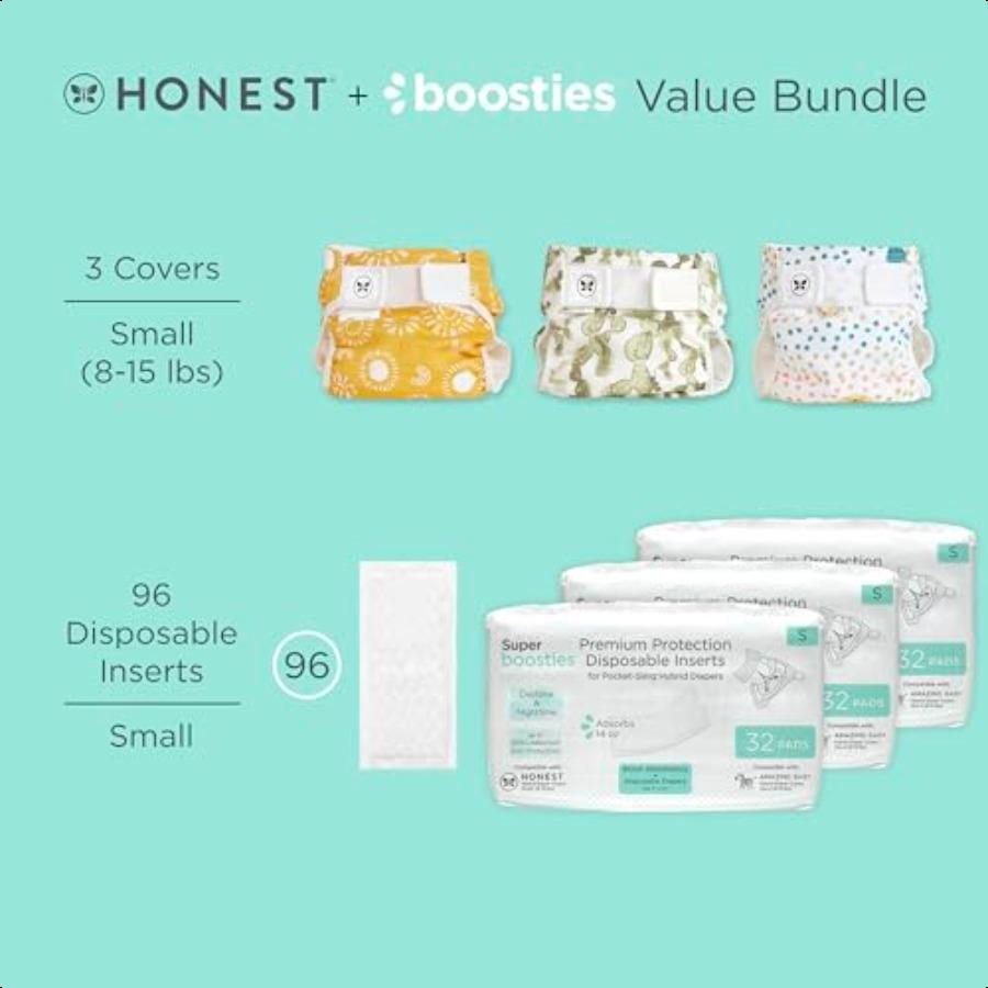 

er Boosties 96ct + Honest Hybrid Cloth Diaper Cover with PocketSling Small 815 lbs Stops Nighttime Leaks Boosties Diaper Inser United States