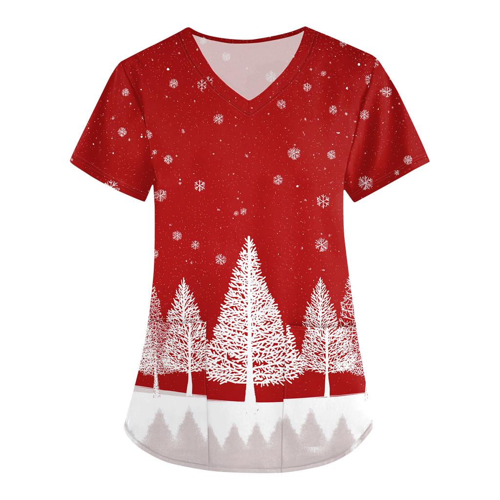 Women's Christmas Print Loose V-Neck Pocket Short-Sleeved Uniform