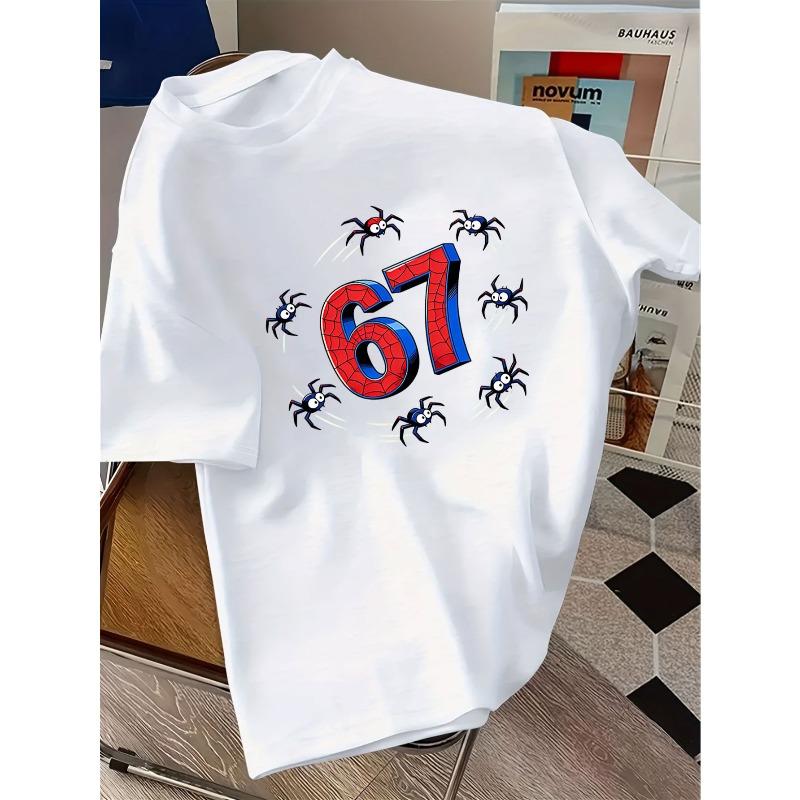 European sizes Children Casual T-Shirt with Cartoon Spider and Number 67 Perfect for Summer, Crew Neck, Short Sleeve, Medium Stretch Unisex Fit