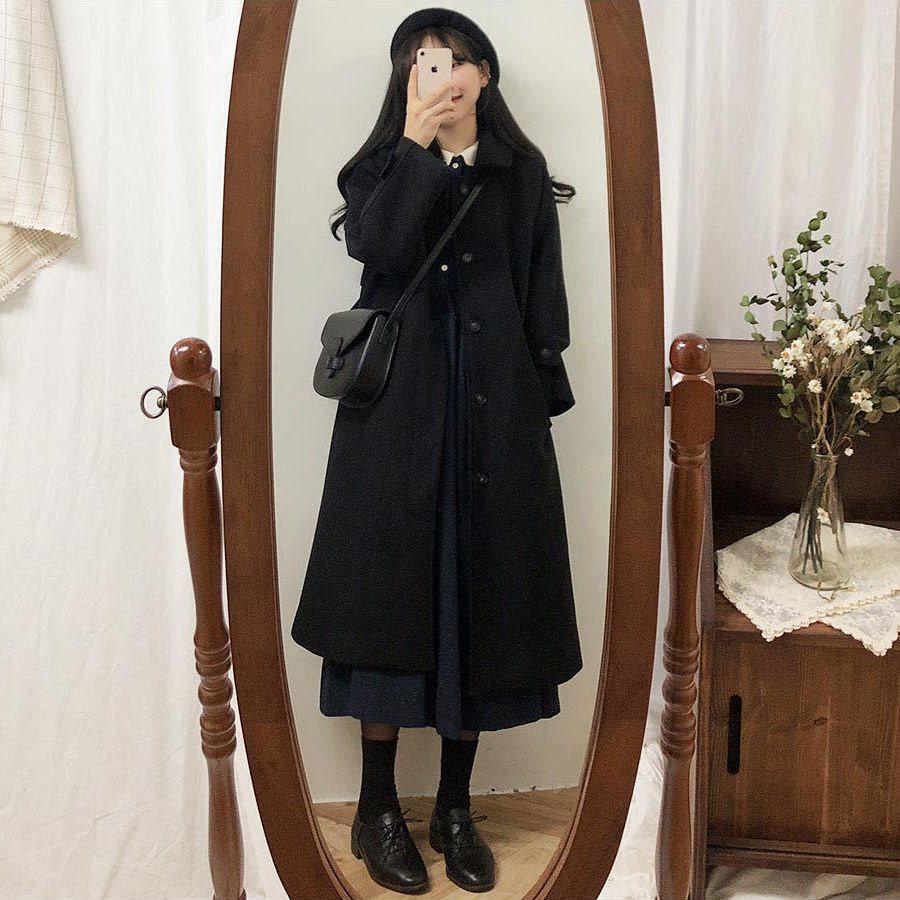 

Women s Spring/Summer Korean-Style Mid-Length Woolen Duffle Coat S