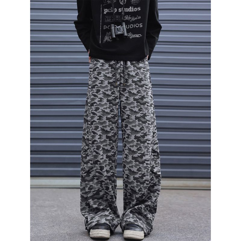 American Retro Camouflage Casual Pants for Men, Spring High Street Wide-Leg Scimitar Pants, Trendy Brand Pleated Drape Floor-Length Pants