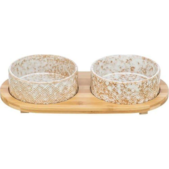 Ensemble gamelle/bol à eau - TRIXIE - Céramique/Bambou - 2 x 800 ml - Blanc/Naturel - 39 x 8 x 20 cm