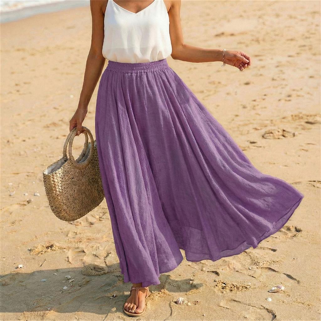 Women Casual Holiday Solid Cotton Linen Long Skirt A Line Beach Midi Skirt Elastic Waist Lightweight Flowing Design