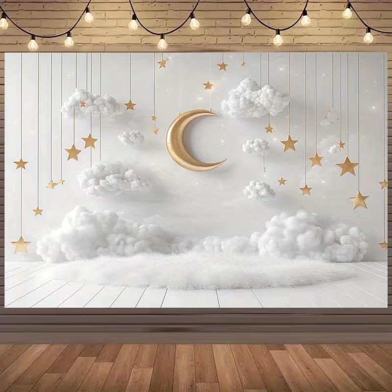 2D Backdrop for Baby Shower Celebrations, Moon & Star Themed Gender Neutral Events 47.2x31.5inch/120*80cm
