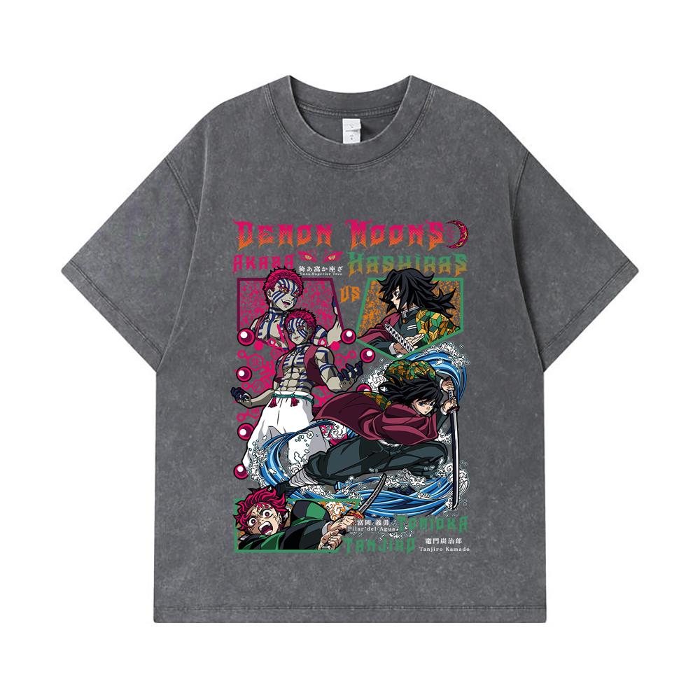 275 GSM Washed T-shirts 100% Cotton Demon Slayer V91 Akaza x Tomioka Print Unisex Heavy Cotton T Shirt