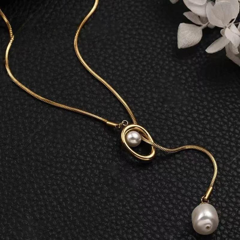 Stainless Steel Pull-out Adjustable Chain Baroque Pearl Pendant Long Necklace for Womens Fashion Sweater Chain New Jewelry