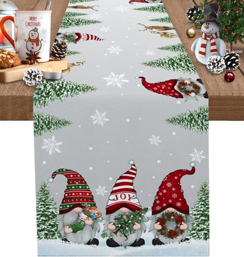 Christmas Gnomes Snow Tree Grey Linen Table Runners Wedding Party Decor Washable Xmas Dining Table Runners Navidad Decorations