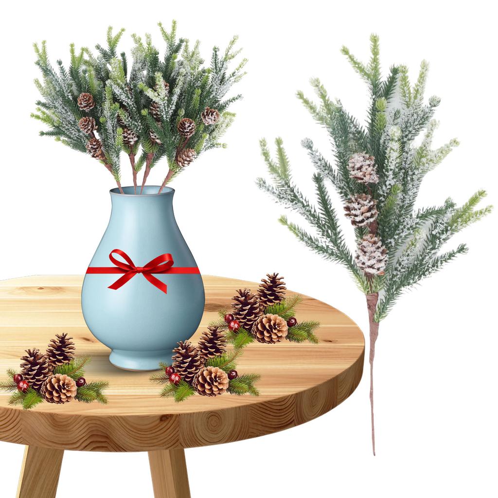 13in Christmas Fake Frosted Pine Pick W/Pinecone Artificial Flocking Pine Pick Fake Greenery Tree Branch for White Winter Decor