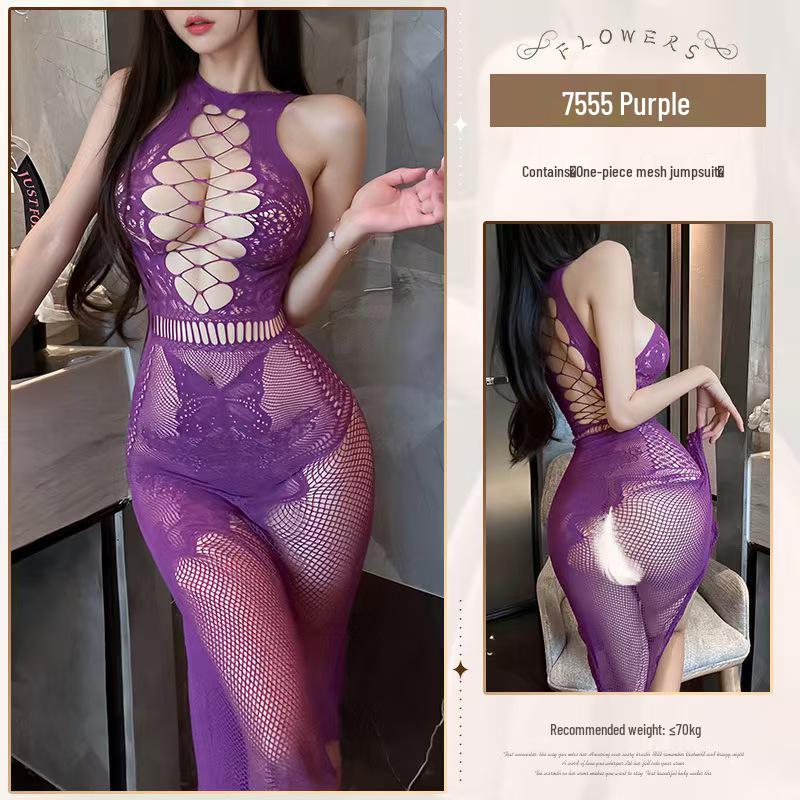 Colorful Gradient Mesh Suspender Skirt with Open Crotch and Hollow Design