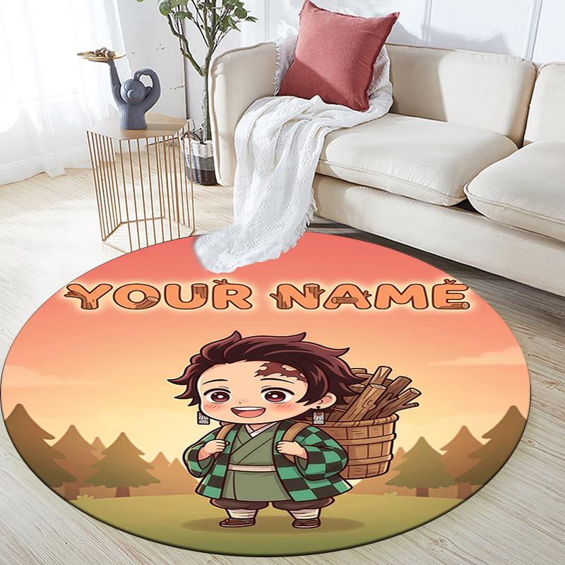 Custom Name,Tanjiro Kamado pattern round rug,Carpet Rug for Living Room Bedroom Playroom ,Non-slip Floor Mat,Holiday Gifts and Birthday Gifts.